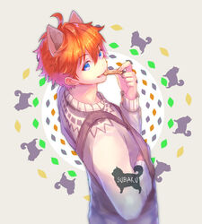  1boy ahoge akehoshi_subaru alternate_costume animal_ears bad_id bad_pixiv_id blue_eyes character_name commentary_request dog_biscuit dog_boy dog_ears dot_nose ensemble_stars! from_above from_side grin hair_between_eyes hand_under_clothes hand_up kemonomimi_mode kotoru_(kotoru-yasaka) long_sleeves looking_at_viewer looking_to_the_side looking_up male_focus mouth_hold orange_hair pet_food print_sweater short_hair simple_background smile solo standing sweater teeth_hold upper_body white_sweater 