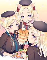  3girls 723_(tobi) :&gt; animal_ears bad_id bad_pixiv_id beret blonde_hair blue_little_pig_(sinoalice) blue_neckwear breasts butter doughnut eating food food_in_mouth food_on_face gradient_background green_little_pig_(sinoalice) hair_bun hair_ribbon hat ice_cream ice_cream_cone long_hair looking_at_viewer looking_back loose_necktie medium_breasts multiple_girls necktie pancake pig_ears plate pocky purple_eyes red_little_pig_(sinoalice) red_necktie red_ribbon ribbon siblings sidelocks single_hair_bun sinoalice sisters smile sparkle syrup tunic twitter_username upper_body 