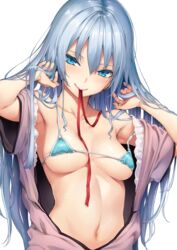  arms_up bare_shoulders bikini bikini_top_only bikini_under_clothes blue_bikini blue_eyes breasts collarbone colored_eyelashes comic_kairakuten female hair_between_eyes highres lips long_hair looking_at_viewer michiking micro_bikini mouth_hold naughty_face navel non-web_source o-ring o-ring_bikini off_shoulder open_clothes open_shirt original ribbon ribbon_in_mouth shion_(michiking) shirt silver_hair simple_background small_breasts smile solo strap_slip sweat swimsuit underboob white_background 