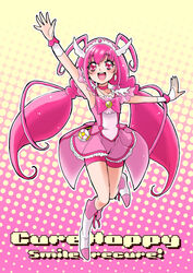  :d antenna_hair arm_up boots bow bowtie brooch character_name choker commentary_request copyright_name cure_happy earrings female full_body gradient_background head_wings highres hoshizora_miyuki jewelry knee_boots long_hair low_twintails magical_girl open_mouth pink_background pink_bow pink_bowtie pink_choker pink_eyes pink_hair pink_shorts pink_skirt pink_theme polka_dot polka_dot_background precure satou_ramune shorts shorts_under_skirt skirt smile smile_precure solo tiara twintails wings wrist_cuffs yellow_background 