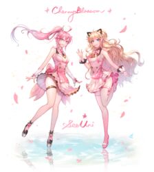  2girls animal_ears blonde_hair blue_eyes blush bow cat_ears character_name cherry_blossoms commentary fake_animal_ears flower hair_flower hair_ornament high_heels long_hair looking_at_viewer multiple_girls open_mouth ozzingo pink_bow pink_hair pink_ribbon pink_theme ponytail ribbon sakura_seeu sakura_uni seeu smile thighhighs uni_(vocaloid) vocaloid waving white_legwear x_hair_ornament 