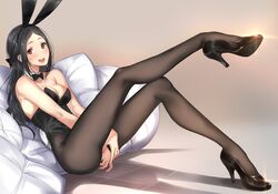  :d animal_ears bad_id bad_twitter_id black_eyes black_hair blush breasts cleavage fake_animal_ears female fishnet_pantyhose fishnets high_heels leg_up long_hair looking_at_viewer medium_breasts mole mole_under_eye oerba_yun_fang open_mouth original pantyhose pillow playboy_bunny rabbit_ears sitting smile solo tsukino_wagamo 