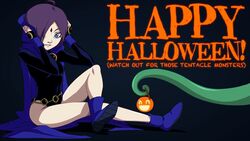  ahoge belt blue_eyes boots cloak dc_comics female forehead_jewel gem halloween hood jack-o&#039;-lantern lemmy_(zone) leotard light_smile looking_at_viewer purple_hair raven_(dc) raven_(dc)_(cosplay) teen_titans tentacle truth zone zone-tan 