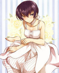  barefoot belta_mori_weigert blush choker dress embarrassed female flower genderswap_(mtf) heterochromia irouha ourai_no_gahkthun purple_eyes purple_hair rose rule_63 short_hair sitting solo steampunk_(liarsoft) striped striped_background vertical_stripes white_dress yellow_eyes yellow_flower yellow_rose 