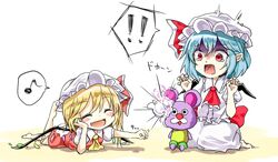  ! !! 2girls :d ^_^ bat_wings blonde_hair blue_hair bow closed_eyes commentary_request doll dress eighth_note flandre_scarlet hat hat_bow highres multiple_girls musical_note oerba_yun_fang open_mouth pastel-kun puffy_short_sleeves puffy_sleeves red_dress reflec_beat remilia_scarlet short_hair short_sleeves smile spoken_exclamation_mark spoken_musical_note tears touhou wings yamato_(muchuu_paradigm) 