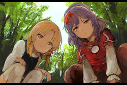  2girls blonde_hair commentary_request expressionless hair_ribbon leaf leaf_on_head letterboxed long_sleeves looking_at_viewer md5_mismatch mirror moriya_suwako multiple_girls orange_eyes outdoors purple_hair red_ribbon red_shirt ribbon shirt skirt squatting thighhighs touhou tree tress_ribbon vest wataichi_meko white_legwear wide_sleeves yasaka_kanako yellow_eyes 