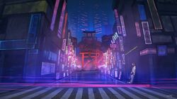  building city city_lights cityscape commentary_request female japanese_clothes karamas night original outdoors road skyscraper street torii 