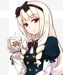  blonde_hair bow commentary_request cup drill_hair female gothic_lolita hairband hairbow hawe_king lolita_fashion long_hair ogasawara_rinko red_eyes shirobako smile solo teacup twin_drills 