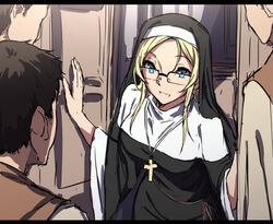  3boys black_hair blonde_hair blonde_haired_nun_(nagioka) blue_eyes commentary cross door female glasses habit jewelry leaning_forward multiple_boys nagioka necklace nun original semi-rimless_eyewear short_hair traditional_nun 