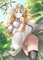  :o ayakawa_riku blonde_hair blue_eyes blush breasts commentary_request covered_nipples dress fate/grand_order fate_(series) female forest grass headpiece jeanne_d&#039;arc_(fate) jeanne_d&#039;arc_(third_ascension)_(fate) large_breasts leaf long_dress long_hair looking_at_viewer nature panties pantyshot pink_panties solo standing tree twitter_username underwear white_dress wind wind_lift 