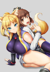  2girls animal_ears ass blonde_hair blue_eyes blush bol_(liliymimi) breasts brown_eyes brown_hair commentary_request dog_days fingerless_gloves fox_ears fox_tail gloves grey_background highres japanese_clothes kantai_collection large_breasts long_hair looking_at_viewer multiple_girls name_connection open_mouth panties ponytail purple_legwear smile tail thighhighs underwear white_panties yukikaze_(kancolle) yukikaze_panettone 