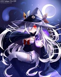  bad_link breasts cleavage female hat highres image_sample kantai_collection long_hair looking_at_viewer medium_breasts naver_sample original personification red_eyes solo tandohark thighhighs uss_salem_(ca-139) witch_hat 