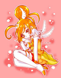  arm_warmers bike_shorts bike_shorts_under_skirt boots bow bowtie brooch character_name commentary_request cure_sunny female full_body hair_bun highres hino_akane_(smile_precure!) jewelry magical_girl orange_eyes orange_hair orange_skirt orange_theme pink_background precure satou_ramune short_hair single_hair_bun skirt smile_precure solo thigh_boots thighhighs white_thighhighs 