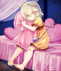  alternate_costume bandaid bandaid_on_knee bandaid_on_leg barefoot chaba_(hortensia) commentary_request curtains dated expressionless eyeball female foot_dangle frilled_pillow frills full_body green_eyes green_hair heart heart-shaped_pillow heart_of_string hugging_object komeiji_koishi looking_at_viewer nightgown no_headwear on_bed pillow pillow_hug short_hair sitting solo string third_eye touhou twitter_username 