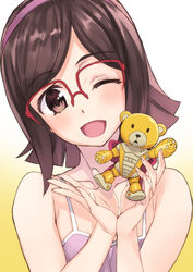  ;d bad_id bad_pixiv_id bare_shoulders beargguy_iii blush brown_eyes brown_hair camisole female glasses gundam gundam_build_fighters gunpla hairband kousaka_china matsuryuu model_kit one_eye_closed open_mouth over-rim_eyewear photoshop_(medium) red-framed_eyewear semi-rimless_eyewear short_hair smile solo 