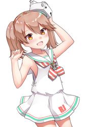  :d anchor_necklace arm_up bad_id bad_twitter_id bare_arms bare_shoulders blush brown_eyes brown_hair character_name collarbone commentary_request cosplay cowboy_shot diagonal-striped_clothes diagonal-striped_neckerchief dress female fingernails hair_between_eyes hand_up hat highres jewelry kantai_collection kirigakure_(kirigakure_tantei_jimusho) libeccio_(kancolle) libeccio_(kancolle)_(cosplay) long_hair looking_at_viewer mini_hat neckerchief necklace oerba_yun_fang open_mouth pleated_dress ribbon ryuujou_(kancolle) sailor_collar sailor_dress simple_background sleeveless sleeveless_dress smile solo striped_clothes striped_neckerchief twintails white_background white_dress white_ribbon white_sailor_collar 