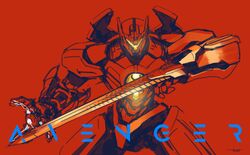  absurdres arm_blade commentary_request english_text gipsy_avenger highres karamas mecha pacific_rim:_uprising red_background robot simple_background weapon 