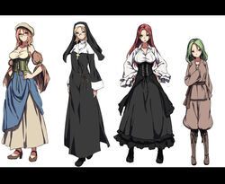  4girls aqua_eyes bare_shoulders blonde_hair blonde_haired_nun_(nagioka) boots breasts collarbone commentary corset cross detached_sleeves full_body green_eyes green_hair habit hands_on_own_hips high_heels jewelry large_breasts long_hair multiple_girls nagioka necklace nun original red_hair red_haired_girl_(nagioka) smile standing traditional_nun white_background 