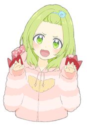  absurdres bad_id bad_twitter_id donguri_suzume female forehead green_eyes green_hair highres hood hood_down morinaka_kazaki morinaka_kazaki_(1st_costume) nijisanji oerba_yun_fang open_mouth short_hair solo striped_clothes virtual_youtuber 