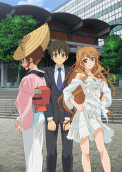  1boy 2girls black_hair blush brown_hair building dress folded_ponytail formal frills golden_time green_eyes hasegawa_shin&#039;ya hat hayashida_nana japanese_clothes kaga_kouko kimono legs long_hair long_legs multiple_girls necktie obi official_art outdoors rice_hat sash short_hair stairs tada_banri torioigasa 