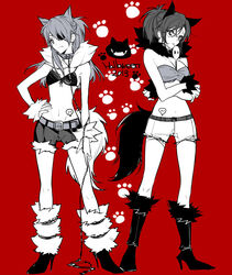  2girls animal_ears bad_id bad_pixiv_id bandeau belt bikini bikini_top_only boots collar eyepatch fur_trim glasses halloween hand_on_own_hip high_heels makinami_mari_illustrious midriff monochrome multiple_girls navel neon_genesis_evangelion paw_print photoshop_(medium) rebuild_of_evangelion red_background ro-a sachiel_(evangelion) shorts souryuu_asuka_langley spot_color swimsuit tail 