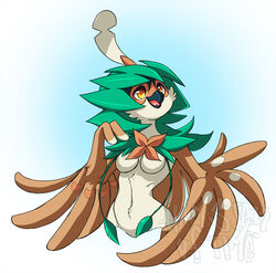  anthro avian beak big_breasts bird breasts decidueye feathers featureless_breasts female generation_7_pokemon hamsteroftime navel nintendo non-mammal_breasts nude open_mouth pokemon pokemon_(species) simple_background smile solo wings 