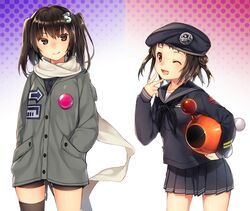  2girls akayan alternate_costume beret bike_shorts black_eyes black_hair black_legwear brown_eyes commentary_request cowboy_shot gradient_background hair_ornament halftone halftone_background hands_in_pockets hat highres kantai_collection long_sleeves luna_blaster_(splatoon) multiple_girls naka_(kancolle) neckerchief one_eye_closed open_mouth pleated_skirt scarf school_uniform sendai_(kancolle) serafuku shirt single_thighhigh skirt smile splatoon_(series) splatoon_1 thighhighs thighs twintails 