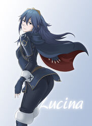  armor ass blue_eyes blue_hair breasts cape closed_mouth female fingerless_gloves fire_emblem fire_emblem_awakening gloves hair_between_eyes long_hair looking_at_viewer lucina_(fire_emblem) photoshop_(medium) simple_background solo thor_(deep_rising) tiara 