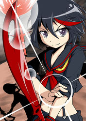  black_hair carillus commentary_request female glint gloves highres kill_la_kill matoi_ryuuko midriff navel photoshop_(medium) purple_eyes red_hair school_uniform scissor_blade_(kill_la_kill) senketsu shadow short_hair single_glove skirt smile suspenders sword weapon 