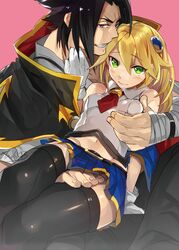  1boy bad_id bad_pixiv_id black_hair blazblue blonde_hair blush couple female forked_eyebrows grabbing grabbing_another&#039;s_breast green_eyes hyakuhachi_(over3) kagura_mutsuki noel_vermillion straight 