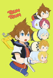  1boy blue_eyes brown_hair commentary_request copyright_name disney_tsum-tsum fingerless_gloves gloves highres jewelry kairi_(kingdom_hearts) keyblade kingdom_hearts kingdom_key nabana_(bnnbnn) namine necklace riku_(kingdom_hearts) roxas solid_circle_eyes sora_(kingdom_hearts) 