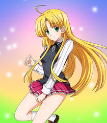  absurdres ahoge asia_argento blonde_hair commentary_request female green_eyes high_school_dxd highres long_hair maximilian-destroyer pleated_skirt red_skirt school_uniform skirt smile socks solo white_socks 