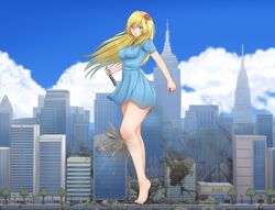  &gt;:) bare_legs barefoot bartondh blonde_hair blood blue_eyes blue_sky blush breasts building city clenched_hand closed_mouth cloud day destruction dress female flower full_body giant giantess hair_flower hair_ornament holding long_hair medium_breasts outdoors road scar scar_across_eye scar_on_face short_dress short_sleeves sky skyscraper smile source_request standing street tsurime v-shaped_eyebrows 