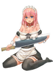  apron bad_id bad_pixiv_id black_thighhighs blue_eyes body_writing borrowed_character breasts cleavage collar commentary_request detached_sleeves dress_shirt female full_body kemi_neko knife large_breasts long_hair maid maid_headdress open_mouth original photoshop_(medium) pink_hair shirt simple_background smile solo takagi_(tansuke) thighhighs translated waist_apron white_background zettai_ryouiki 