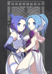  2girls :o alternate_hair_color blue_eyes blue_hair bracelet commentary_request dated detached_sleeves dual_persona estpolis:_the_lands_cursed_by_the_gods estpolis_denki estpolis_denki_ii grey_background hair_up high_ponytail interlocked_fingers jewelry kuricoronet looking_at_viewer multiple_girls ponytail selan shoulder_pads side_slit thighhighs time_paradox white_legwear 