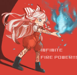  bad_id bad_pixiv_id blue_fire boots bow english_text female fire fujiwara_no_mokou hair_ribbon hairbow high_collar highres ofuda photoshop_(medium) ponytail puffy_shorts pyrokinesis ribbon shorts smile solo sparkling_eyes touhou tress_ribbon yai_(hachihito) 