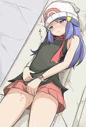  bare_shoulders between_legs black_shirt blue_eyes blue_hair blush bracelet breasts dawn_(pokemon) drooling female from_below hair_ornament hand_between_legs hat have_to_pee legs_apart long_hair looking_down muroi_(fujisan0410) pink_skirt pokemon pokemon_dppt saliva scarf shirt skirt sleeveless sleeveless_shirt small_breasts solo sweat tears text translation_request trembling watch wristwatch 