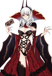  anoshabu ass_visible_through_thighs bad_id bad_pixiv_id black_nails black_thighhighs breasts carmilla_(fate) cleavage closed_mouth commentary_request cowboy_shot detached_sleeves domino_mask fate/grand_order fate_(series) female fingernails high_collar holding holding_mask horns large_breasts long_fingernails long_hair long_sleeves looking_at_viewer mask nail_polish navel red_skirt skirt smile solo supportasse thighhighs unworn_mask white_hair wide_sleeves yellow_eyes 