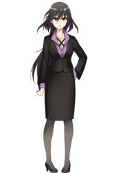  bangs black_eyes black_hair black_legwear black_shoes black_skirt female full_body hand_on_hip high_heels long_hair looking_at_viewer official_art pigeon-toed project_tokyo_dolls setsuna_(project_tokyo_dolls) shoes simple_background skirt skirt_suit solo square_enix standing transparent_background 