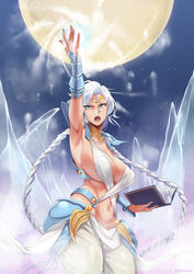  arm_up armor armpits artist_name bad_id bad_pixiv_id blue_armor book braid breasts chains cleavage collarbone commentary covered_nipples cowboy_shot detached_collar faulds female fingernails forehead_jewel forehead_protector full_moon gem glowing green_eyes highres holding holding_book ice large_breasts legs_together long_hair looking_at_viewer magic moon navel night night_sky open_book open_mouth original outdoors outstretched_arm pants pointy_ears revealing_clothes serious shoulder_armor signature silver_hair sky solo spell standing star_(sky) starry_sky stomach stormcow swept_bangs tsurime twin_braids vambraces very_long_hair white_pants 