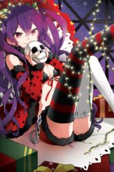  bad_id bad_pixiv_id bare_shoulders bell bikini bikini_top_only black_bikini black_legwear box breasts chains christmas_lights cleavage detached_sleeves earrings female fur_trim gift gift_box hair_bell hair_ornament holding jewelry leg_up long_hair long_sleeves looking_at_viewer medium_breasts polka_dot purple_eyes purple_hair red_legwear shorts sitting skull smile socks solo star_(symbol) striped_clothes striped_thighhighs swimsuit sword_girls thighhighs twintails ubina undertaker_(sword_girls) very_long_hair white_thighhighs 