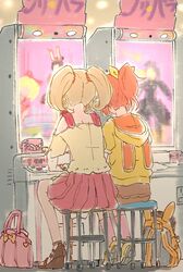  2girls abe_nana animal_hood arcade arcade_cabinet back backpack bad_id bad_twitter_id bag blonde_hair hair_ornament hair_ribbon highres hood idolmaster idolmaster_cinderella_girls multiple_girls orange_hair ponytail pretty_series pripara ribbon ruru_ashihara sato_shin shoes skirt socks twintails 