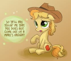  2013 blonde_hair braeburn_(mlp) clothing cowboy_hat cutie_mark dialogue earth_pony english_text equid equine friendship_is_magic green_eyes hair hasbro hat headgear headwear horse male mammal multicolored_hair my_little_pony naive pony sitting sketchyjackie solo text two_tone_hair young 