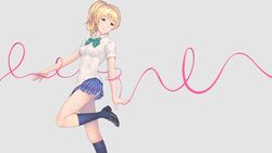  ayase_eri blonde_hair blue_eyes bow gray kneehighs love_live!_school_idol_project miura_naoko ponytail ribbons seifuku 