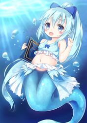  :d air_bubble bikini bikini_top_only blue_background blue_bikini blue_bow blue_eyes blue_hair blue_skirt blue_theme blush book bow bubble commentary_request female flower_knight_girl high_ponytail light_blue_hair long_hair looking_at_viewer matsuu_(akiomoi) mermaid monster_girl monsterification navel nerine_(flower_knight_girl) open_mouth ponytail skirt smile solo swimsuit underwater 