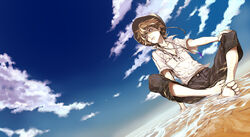  1boy barefoot cloud commentary_request dutch_angle foreshortening grey_eyes hat highres male_focus miwa_shirow original partially_submerged photoshop_(medium) shirt short_sleeves sitting sky solo supercell_(band) water 