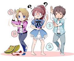  1boy 2girls ? bad_link barefoot blonde_hair blue_eyes blush_stickers brown_hair chibi dancing dress frills golden_time hat hayashida_nana hood hoodie kaga_kouko lowres multiple_girls rice_hat simple_background speech_bubble tada_banri torioigasa ume_chazuke white_background 