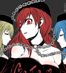  3girls artist_name bare_shoulders blonde_hair blue_hair breasts chains choker cleavage closed_eyes collarbone commentary english_commentary grey_background hanemikakko hecatia_lapislazuli hecatia_lapislazuli_(earth) hecatia_lapislazuli_(moon) large_breasts long_hair looking_at_viewer multiple_girls multiple_persona o-ring o-ring_choker off-shoulder_shirt off_shoulder open_mouth pale_skin red_eyes red_hair shirt simple_background touhou upper_body 