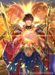  2boys armor black_coat blue_cape blue_gloves brown_eyes brown_hair cape cloud coat commentary_request ethlyn_(fire_emblem) father_and_son female fire_emblem fire_emblem:_genealogy_of_the_holy_war fire_emblem:_thracia_776 fire_emblem_cipher gloves holding holding_polearm holding_sword holding_weapon horse husband_and_wife leif_(fire_emblem) light_brand long_hair male_focus mother_and_son multiple_boys official_art pauldrons pink_eyes pink_hair polearm ponytail quan_(fire_emblem) short_hair shoulder_armor sidelocks spear sunset suzuki_rika sword weapon white_armor white_gloves 