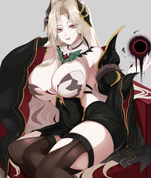  absurdres blonde_hair breasts cleavage epic_seven female harsetti_(epic_seven) highres jjjjjj_(emgh7234) large_breasts long_hair looking_at_viewer red_eyes simple_background sitting smile solo thighhighs thighs very_long_hair 